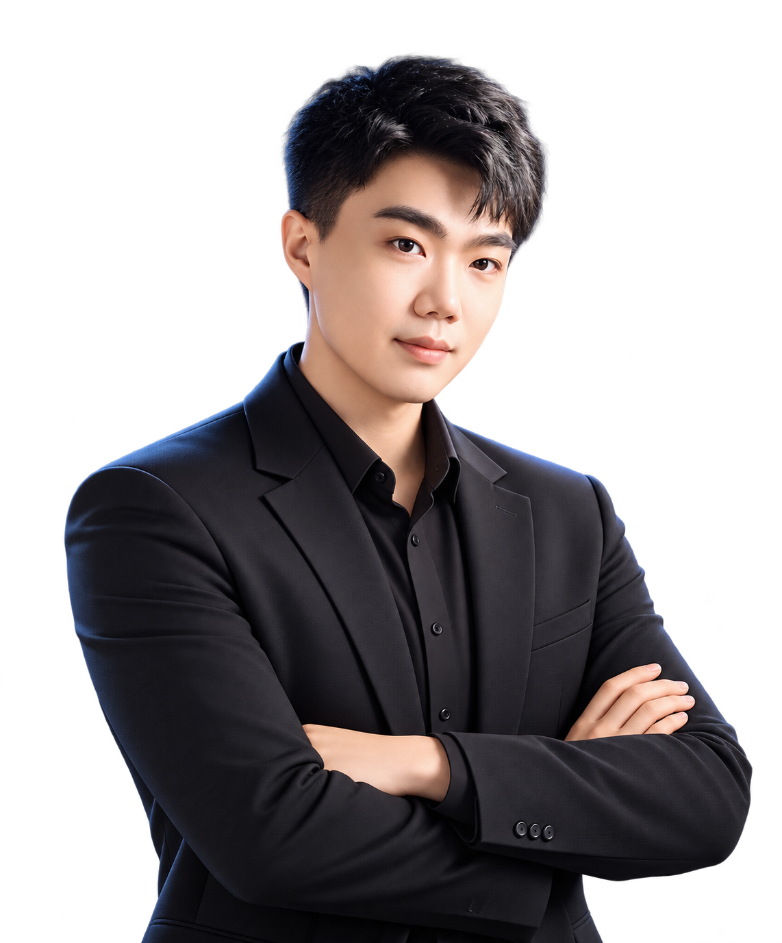 以杨鸿超本人照片创作的男性 AI 数字分身，身着黑色西装
